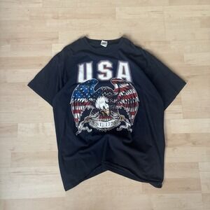 Y2K Black USA Bald Eagle Flag Graphic T Short Sz XL